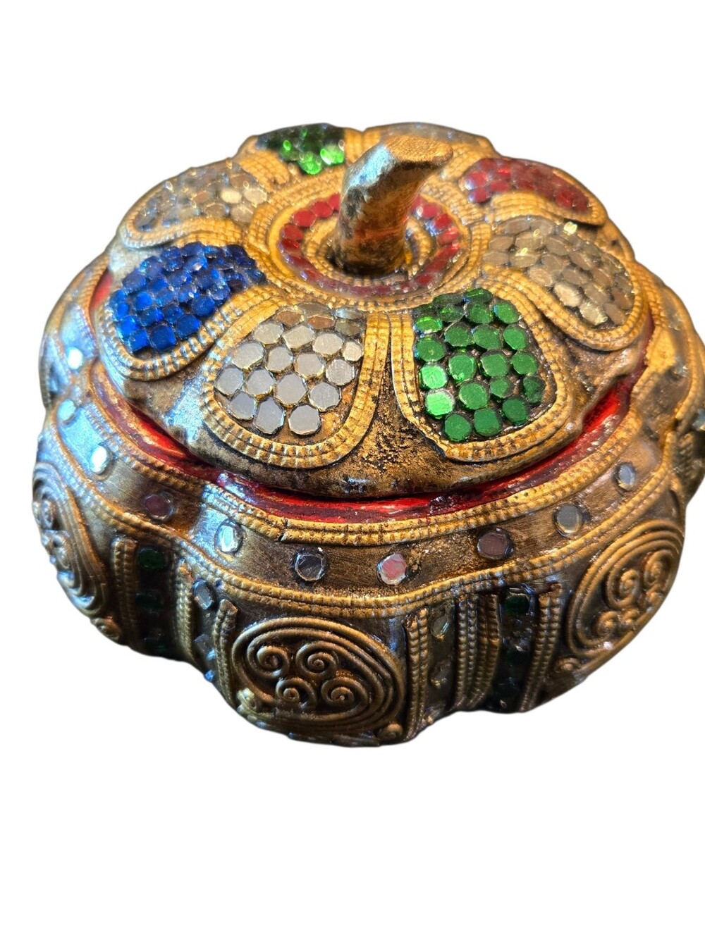 Embellished Round Trinket Box Pumpkin in Gold with Multicolor Gems